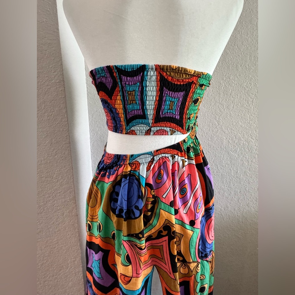 SWF Murano Asymmetrical strapless Cut Out retro printed Maxi Dress Size XS - Picture 7 of 9
